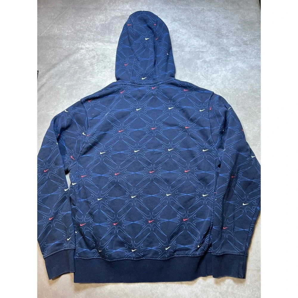 Nike Mens Small Navy Blue All Over Print Swoosh Pullover Hoodie Fleece